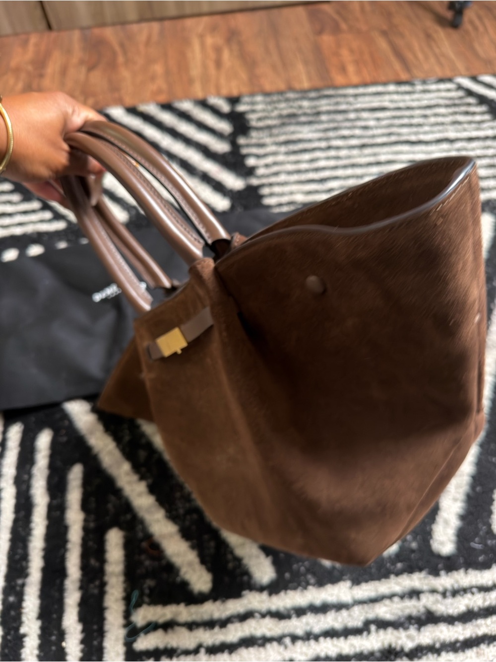 DeMellier Brown Suede Top-Handle Tote with Gold Accent - Picture 4 of 6